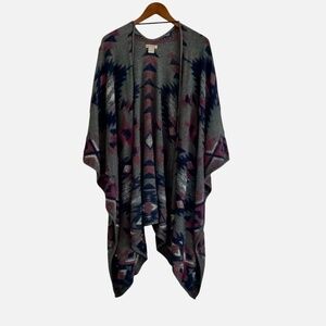 Lucky Brand Aztec Southwest Poncho OS Gray Tribal  Boho Hippie Indie Cabincore